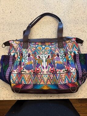 Multicolor Embroidered Folk-Scene Tote with Brown Handles